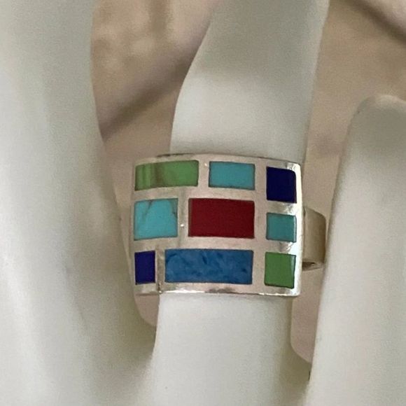 VINTAGE Sterling Silver Inlaid Mosaic Ring Sz 7•1/4 - Picture 3 of 5